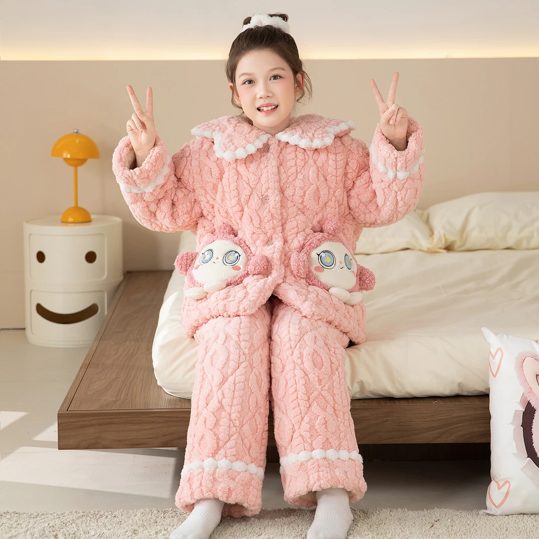 冬季新款儿童睡衣法兰绒三层夹棉女童加绒加厚大童女孩公主家居服