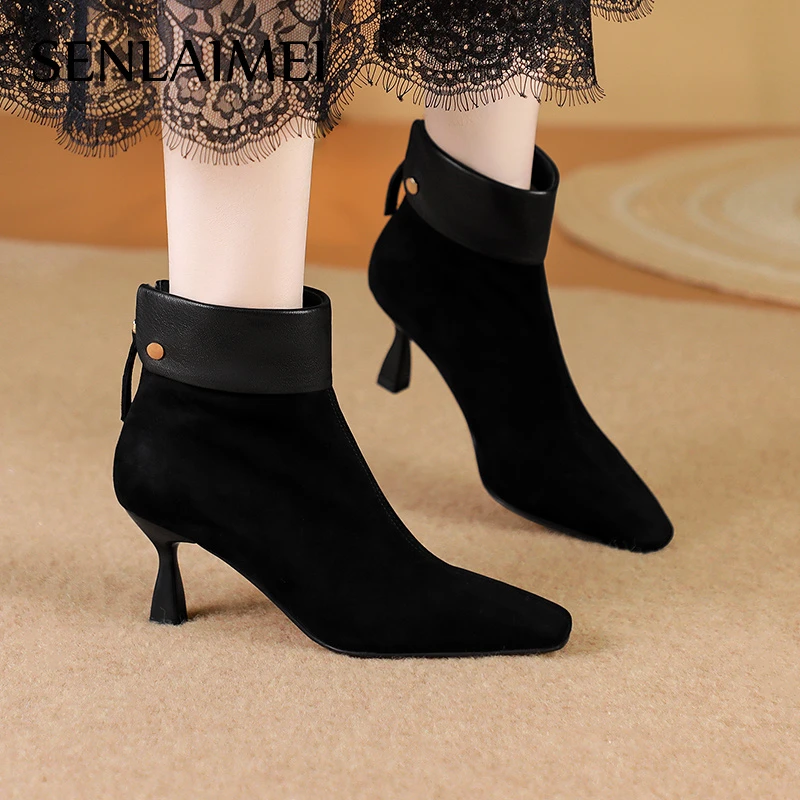 8783真皮黑色高跟女靴新款时尚配裙子的靴子方头短靴女款秋冬单靴