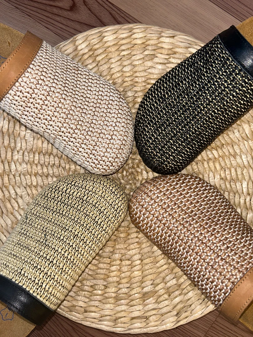 【原创设计勃肯】拉菲草钩编牛皮拼接足弓支撑小众包头勃肯鞋985-5