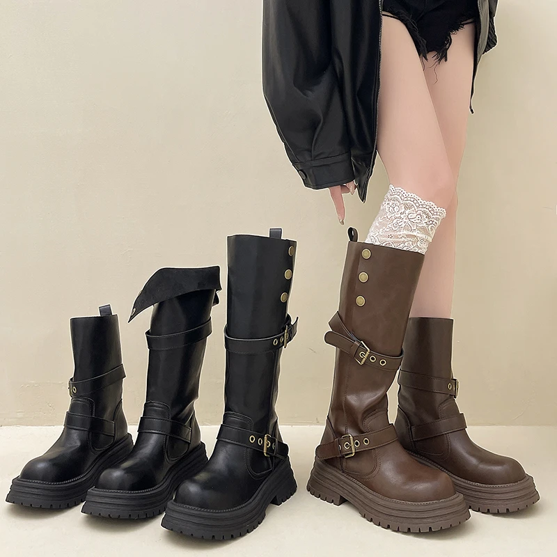 可翻折两穿皮带扣不过膝长筒靴子女秋冬新款中筒厚底时装靴潮