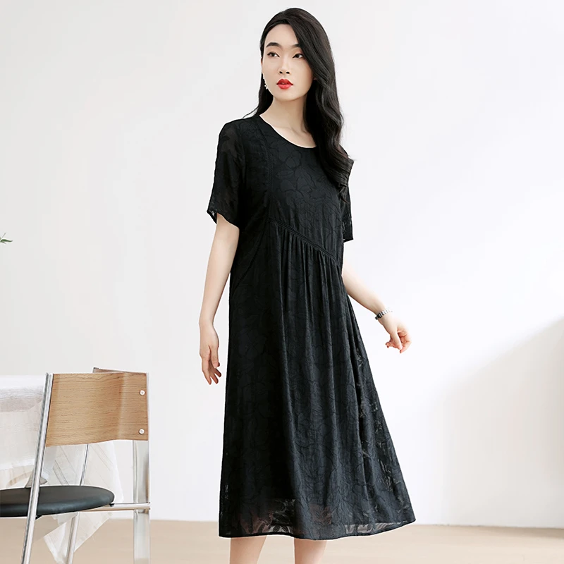 阿吉多高级精致提花短袖连衣裙女夏季新款小裙气质妈妈大码裙子