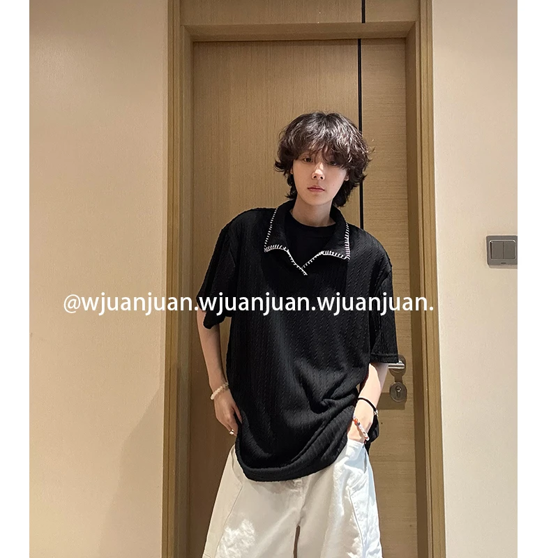 『WJUANJUAN』老钱风贝壳绣花麦穗提花纹路男女短袖POLO衫T恤