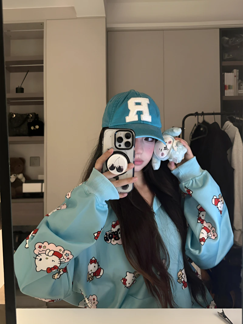撞色可爱KT猫连帽卫衣女睡衣套装秋季拉链宽松开衫双帽外套家居服