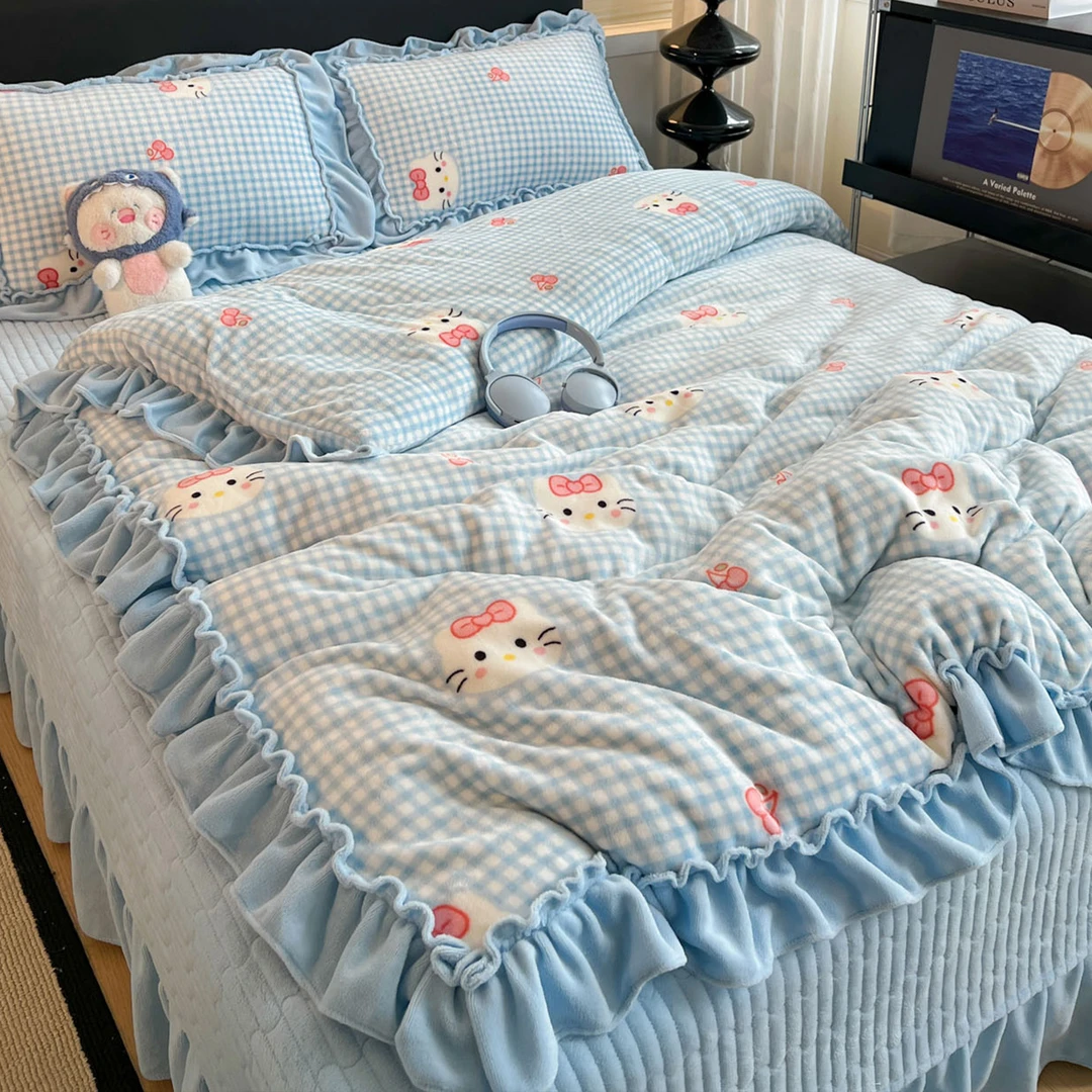 KT猫加绒牛奶绒四件套床盖款冬季韩版公主风珊瑚绒毛床上被套床裙