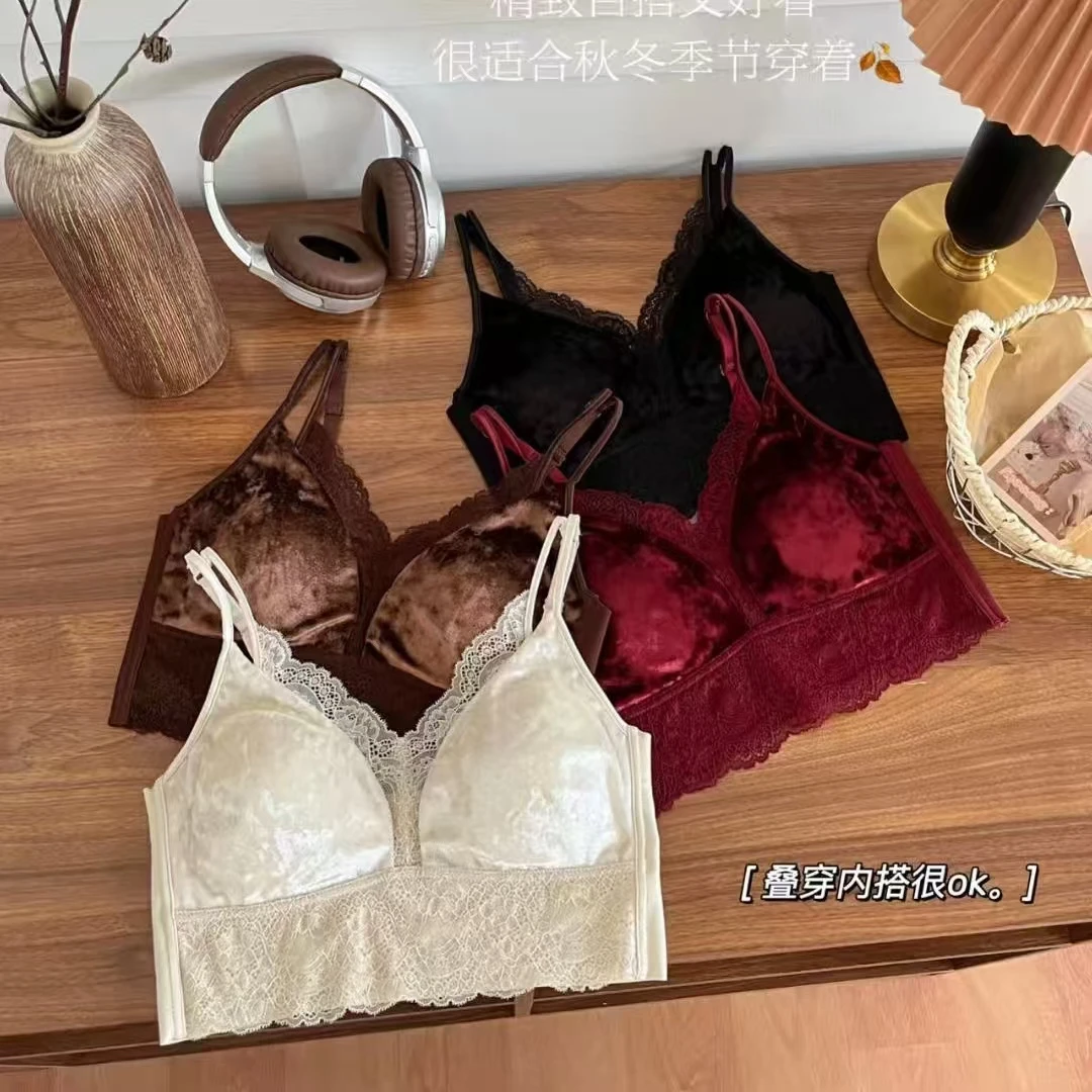 8528法式水晶绒无钢圈固定杯短款蕾丝吊带背心洋气百搭时尚女内搭