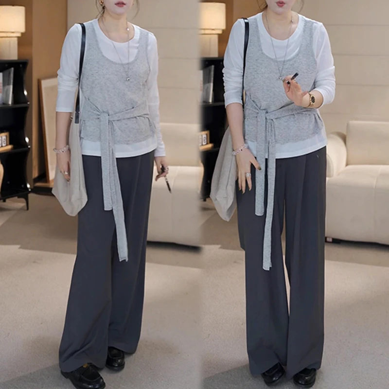 美式复古设计感套装女2025春秋新款绑带收腰长袖t恤阔腿裤两件套