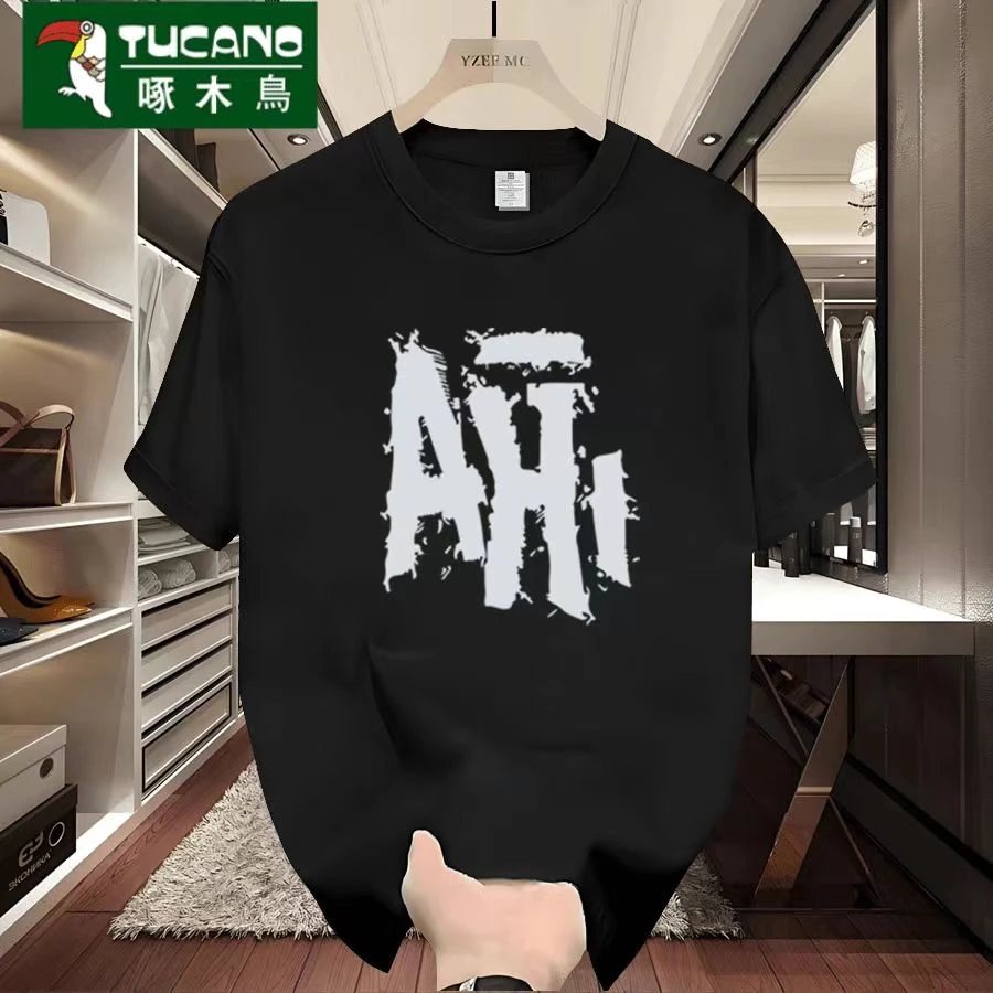 啄木鸟重磅纯棉短袖T恤男士夏季新款2025爆款休闲时尚印花圆领T恤