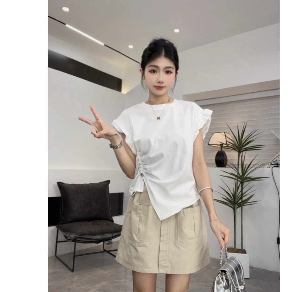 【花瓣套装】飞飞袖花瓣卷边不规则百搭短袖T恤女+洋气工装半身裙