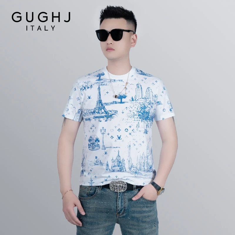 2025夏季新款轻奢欧货个性印花潮流帅气圆领修身百搭短袖T恤男潮