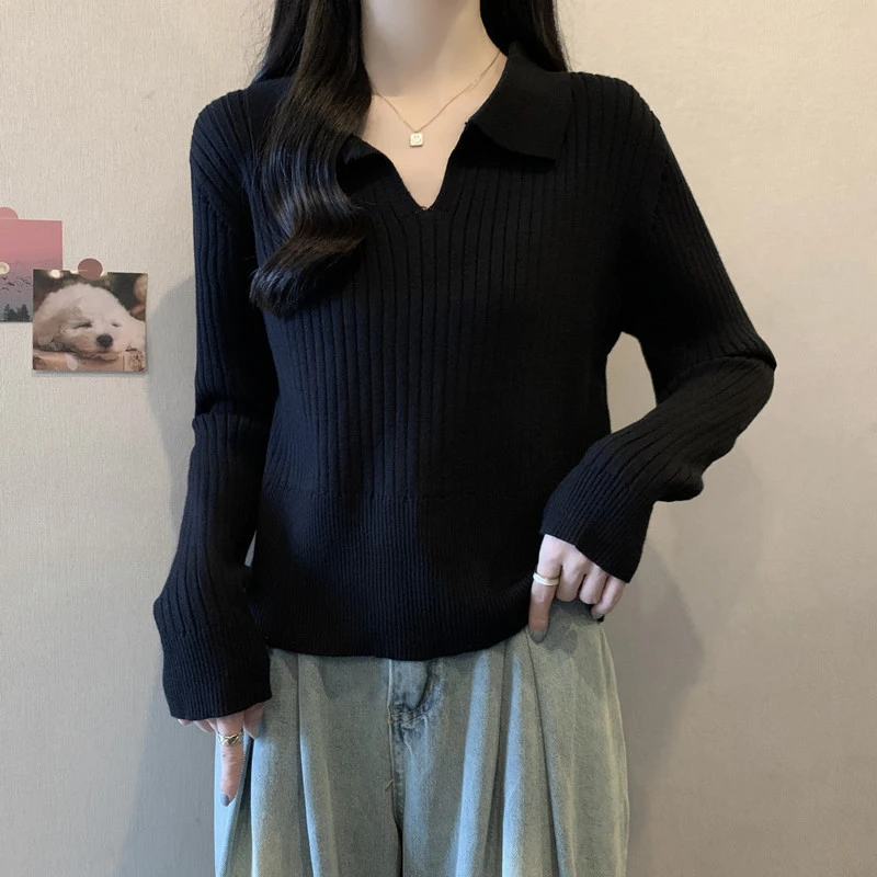 胖妹妹秋冬装大码女装纯色坑条翻领毛衣显瘦洋气减龄针织衫