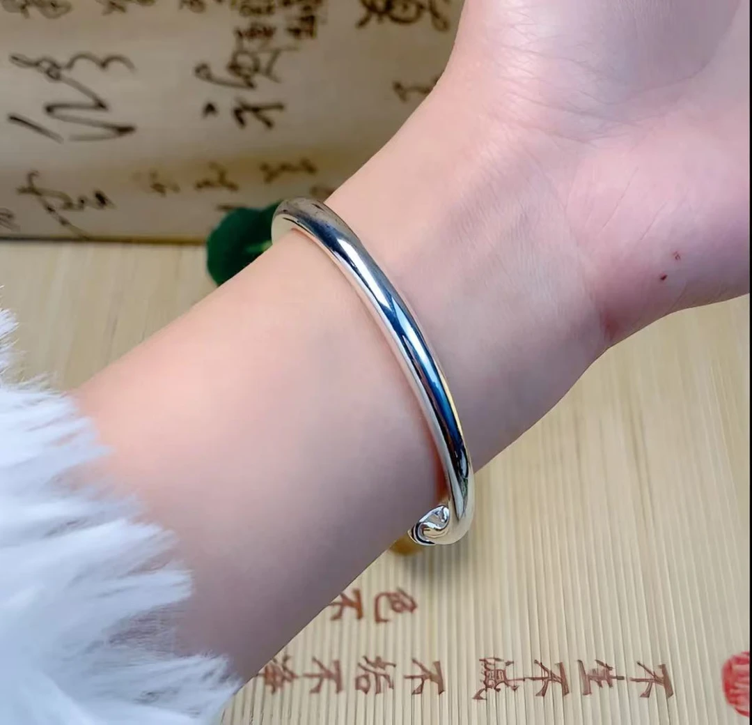足银手镯 足银999.9时尚简约亮面推拉实心足银手镯气质经典百搭
