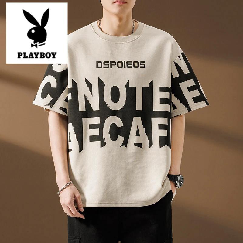 花花公子新款短袖T恤男生美式字母设计宽松大码圆领半袖体恤衫