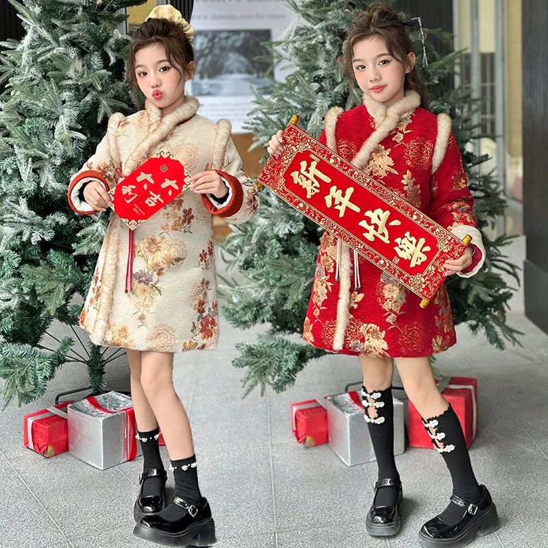 女童旗袍拜年服古装冬季中国风2025新款儿童过年汉服裙子加厚冬款