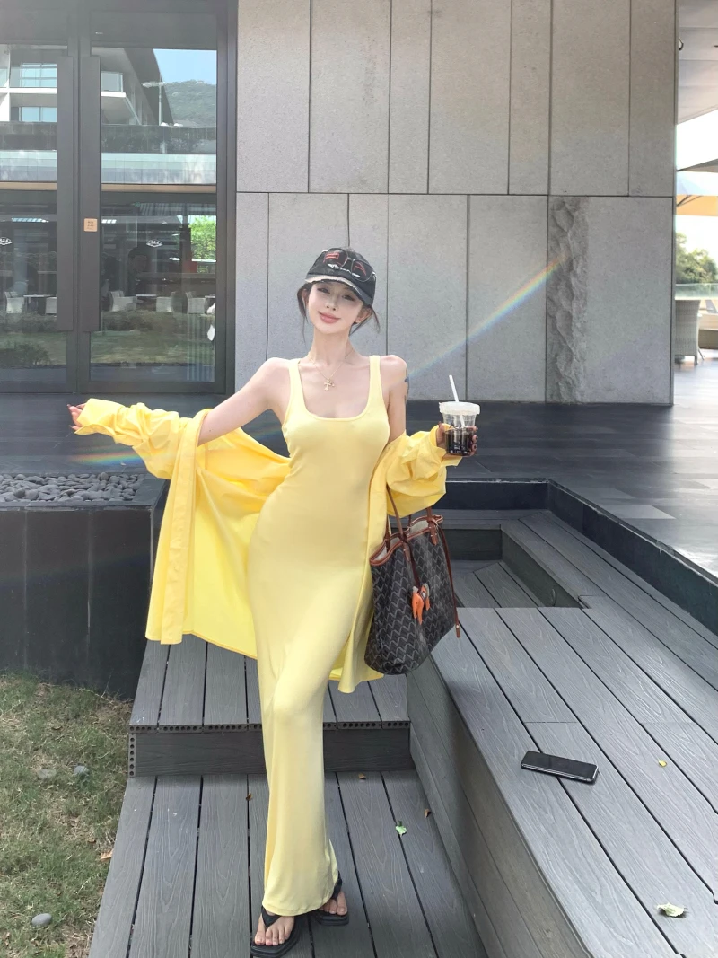 【日光岛屿】夏季新款U领吊带包臀长裙女性感辣妹修身鱼尾连衣裙女
