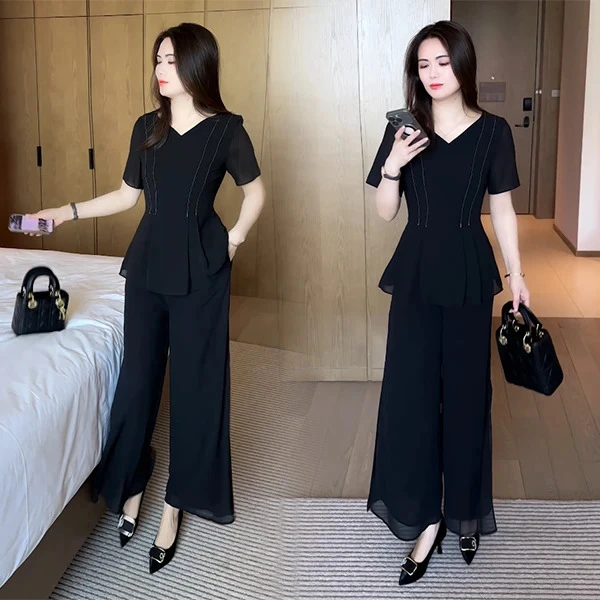 夏季新款新中式盘扣穿搭洋气时尚气质V领减龄显瘦短袖套装