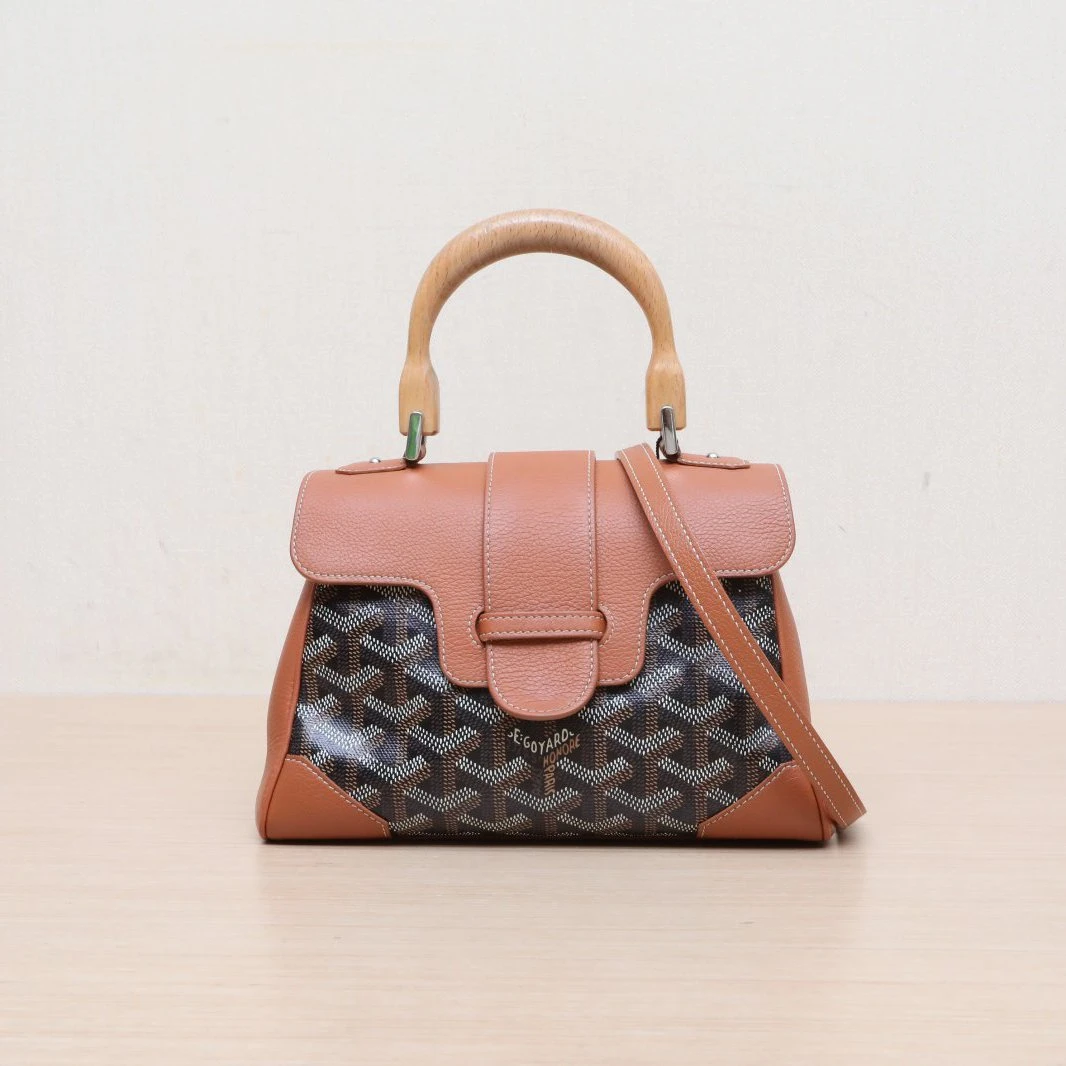 95新 Goyard 小花6枫 SAIGON 西贡 Mini 20 金棕色 皮革C/PVC 包