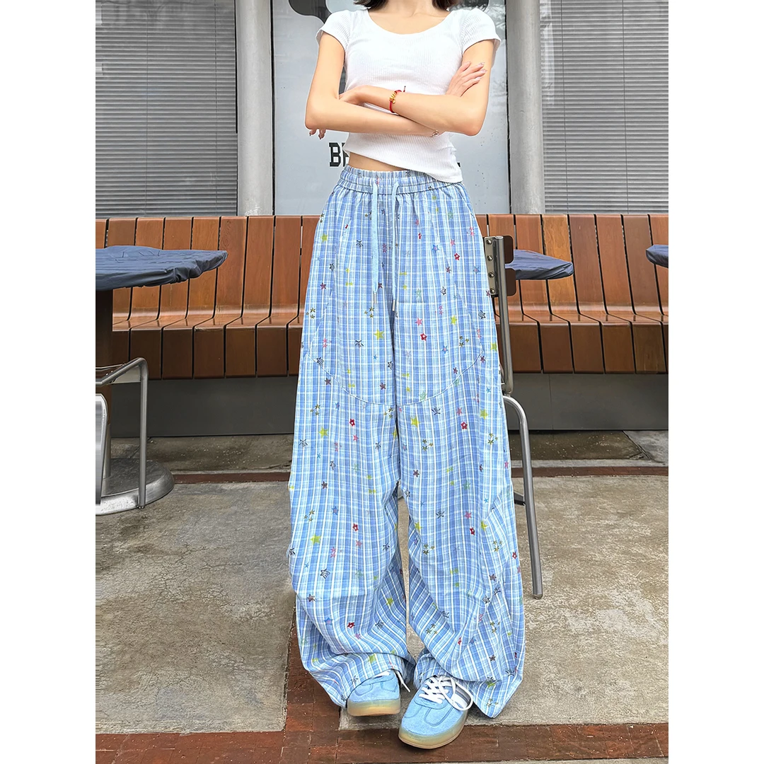 York Zoom夏季新款星星条纹格子裤垂感拖地阔腿休闲裤长裤显瘦