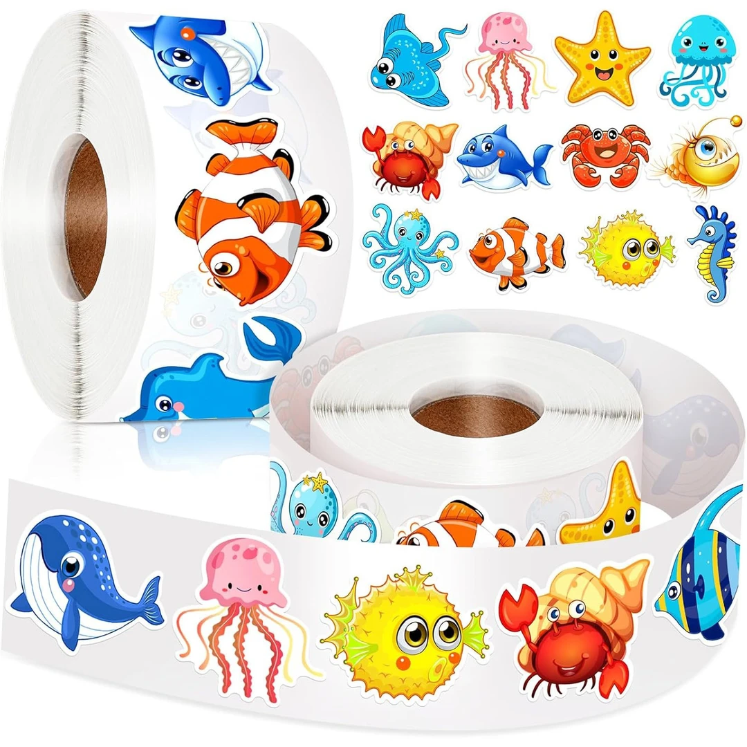 500张/卷海洋生物贴纸笔记本电脑手书信封水瓶密封贴纸装饰贴纸