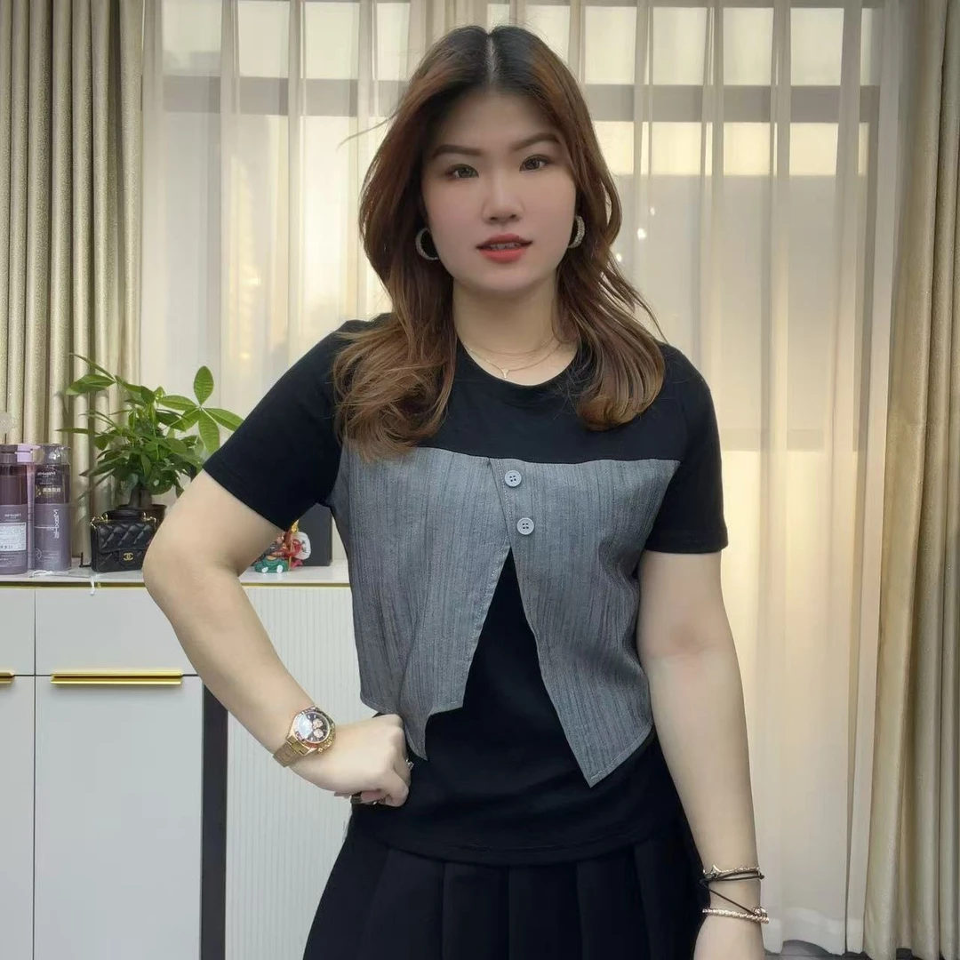 小鑫肝@设计款假两件拼接撞色带扣休闲百搭T恤 0283