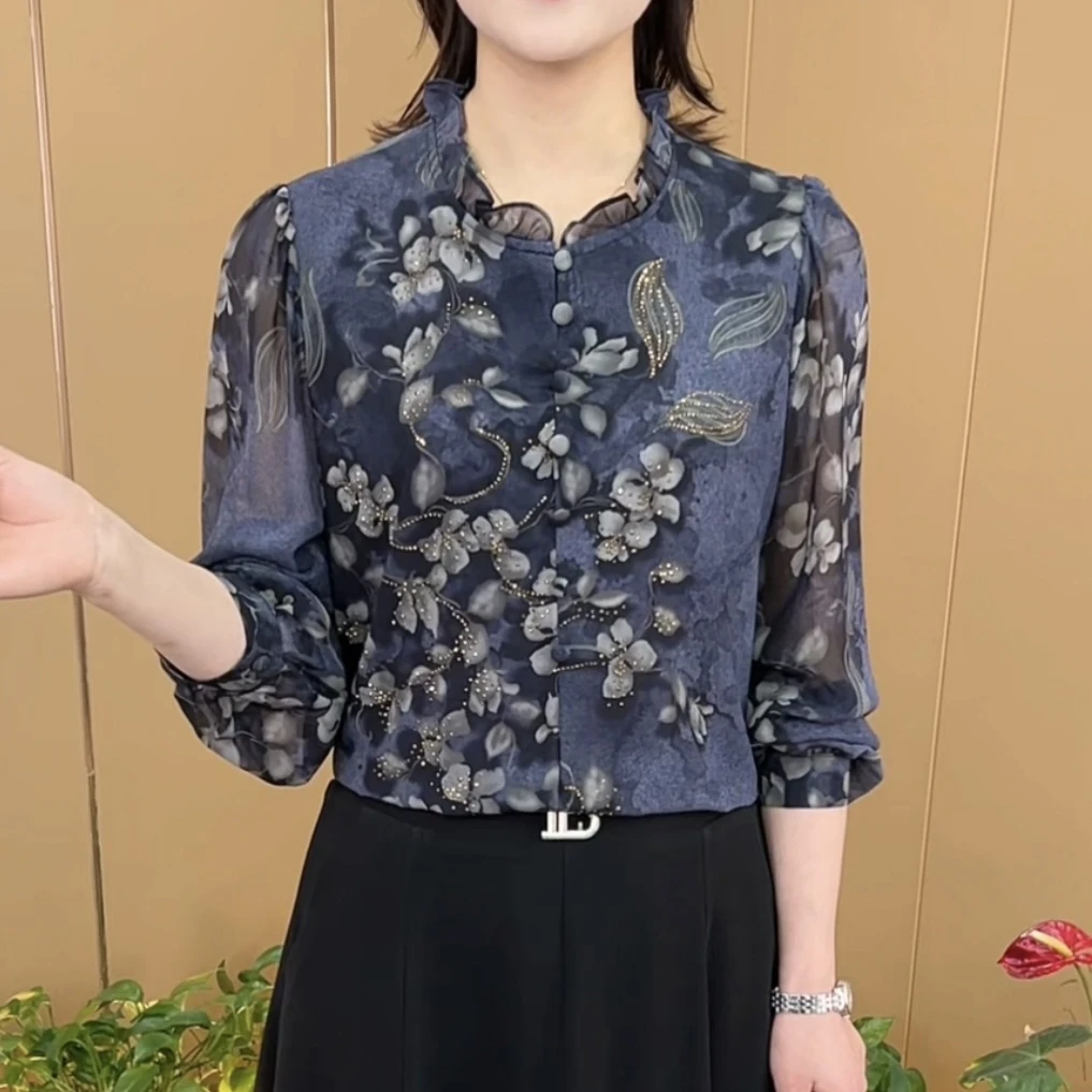 2025春季新款时尚木耳边领设计感洋气印花烫钻百搭长袖上衣K8905