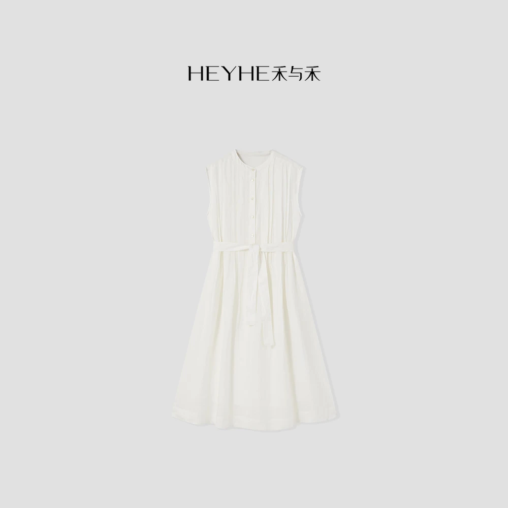 小禾【白帆】100苎麻平纹布纯色百搭圆领显瘦无袖连衣裙25DMH256