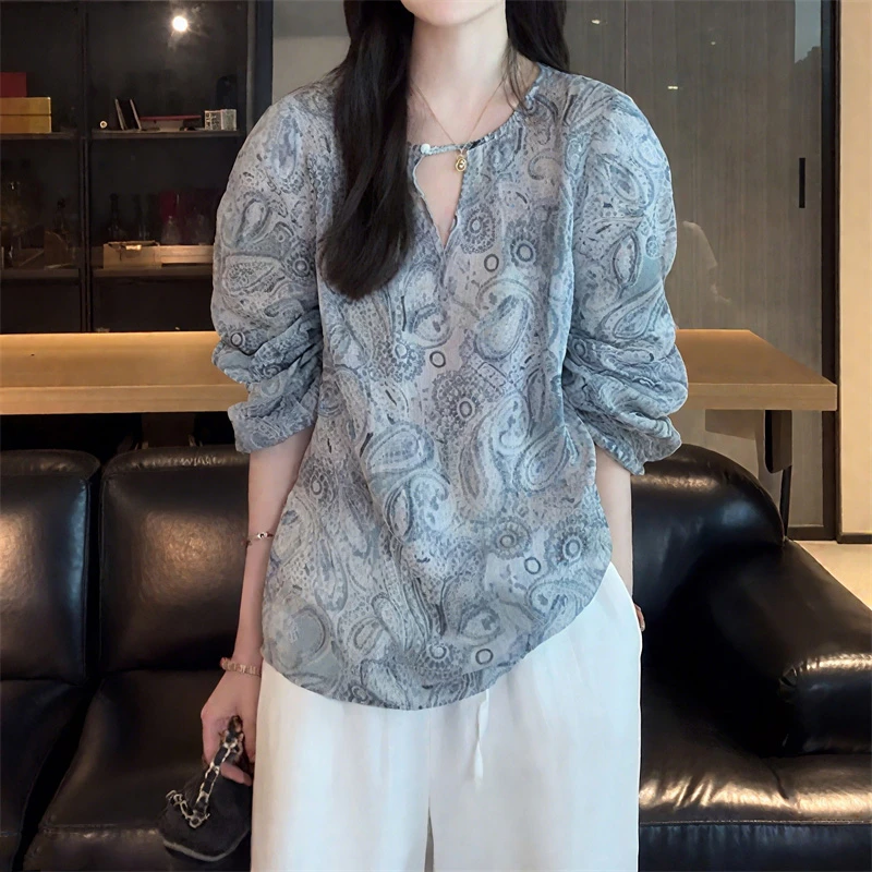 气质休闲显瘦百搭长袖衬衫女2025年夏季新款韩版时尚宽松圆领上衣