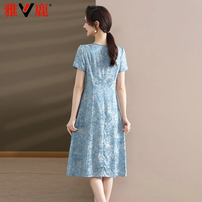 雅鹿新中式国风国风中年女装短袖薄款妈妈装洋气新款显瘦长裙子