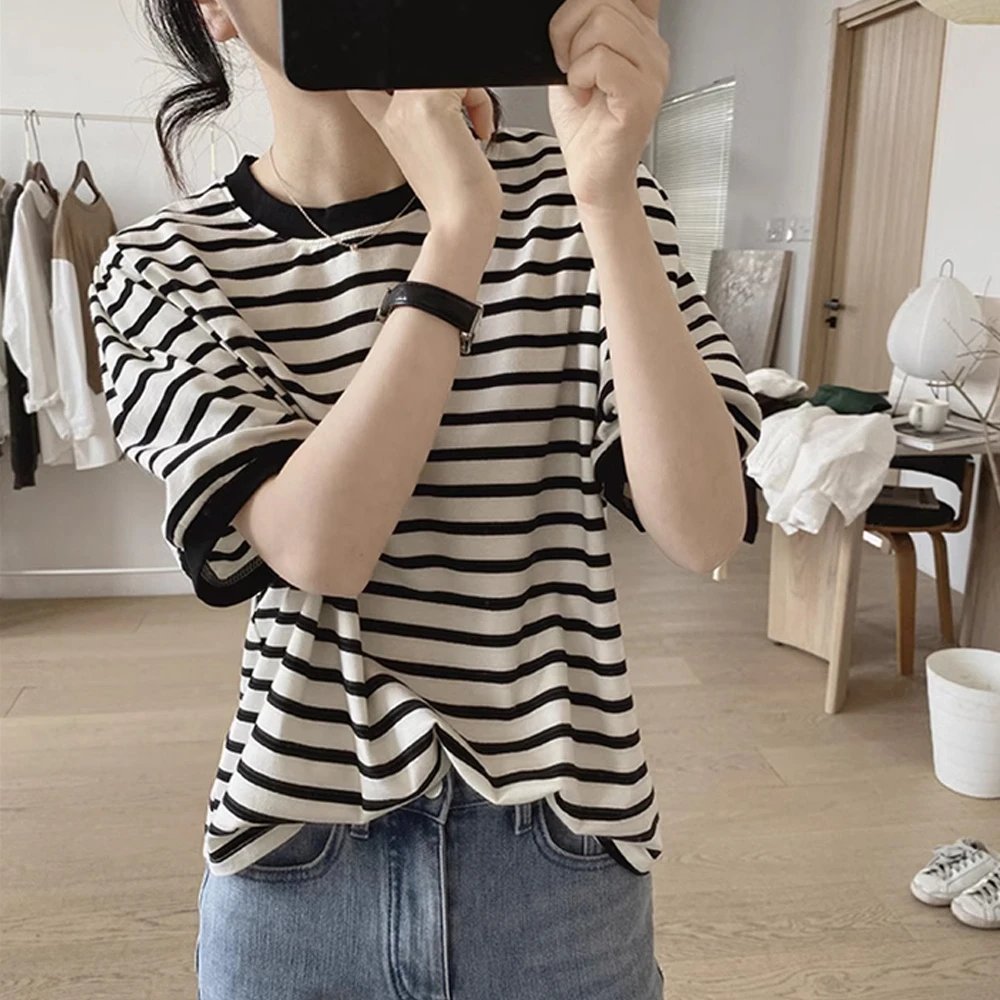 棉质条纹圆领t恤女夏季款宽松百搭法式小衫时尚洋气泡泡短袖上衣