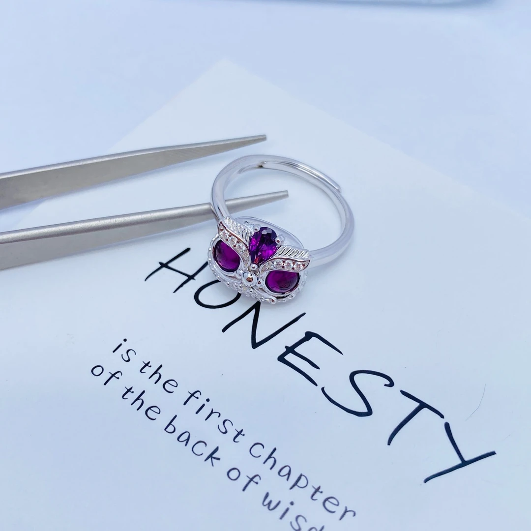 石榴石麒麟戒指气质轻奢时尚精致s925银镶嵌天然紫牙乌可调节