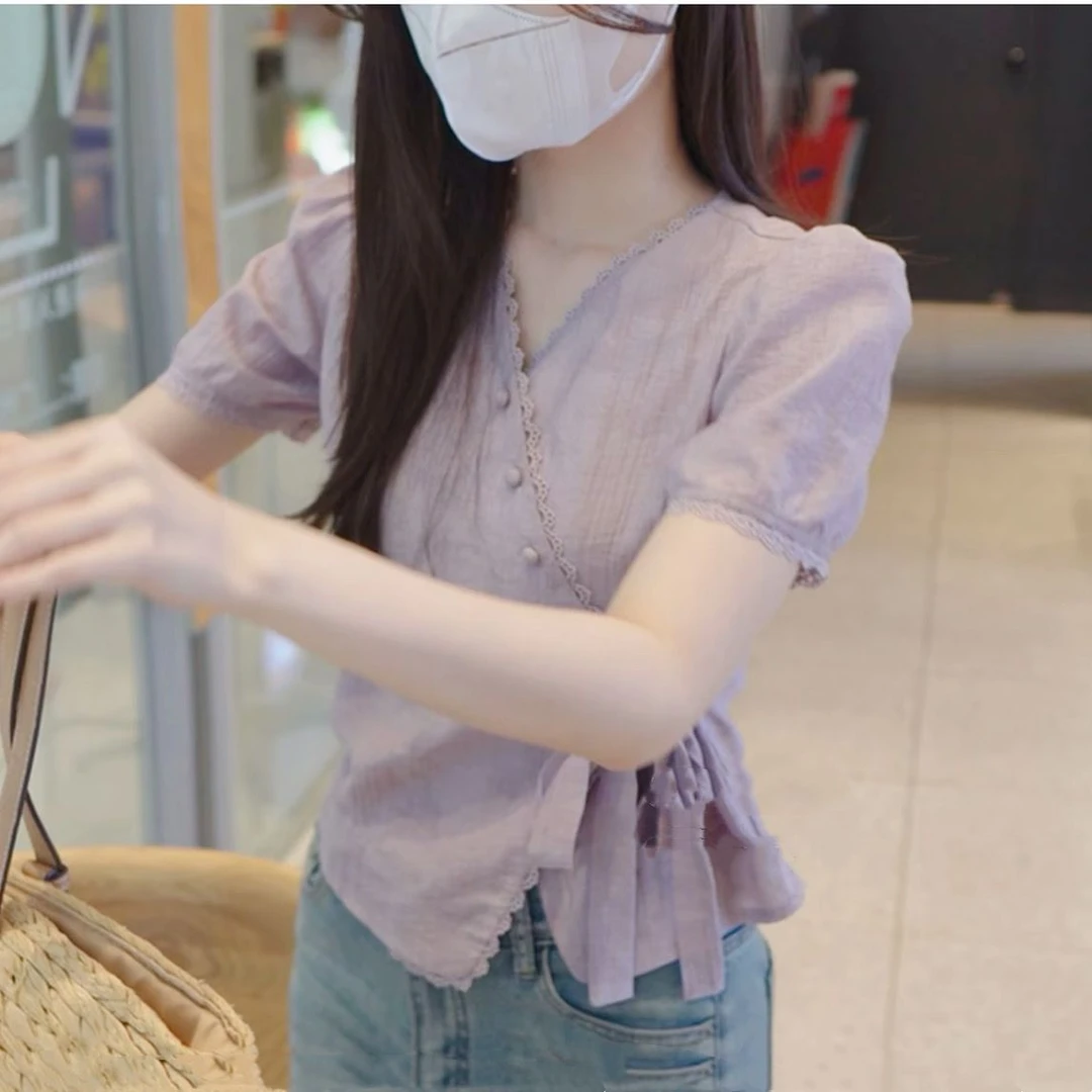 蕾丝边绑带蝴蝶结短袖衬衫女2025夏季新款收腰上衣小众时尚气质