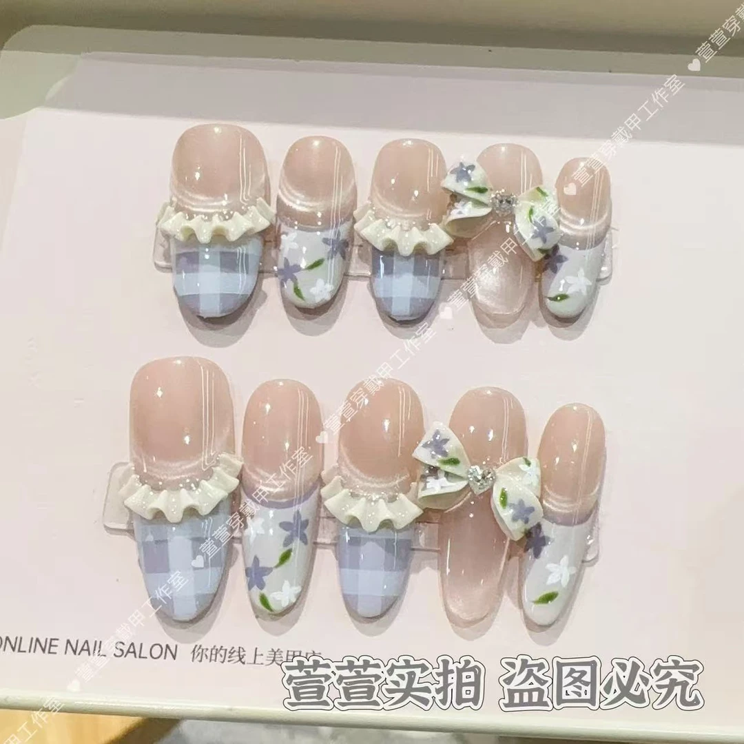 【芋泥波波】纯手工穿戴甲夏猫眼款可拆卸甲片10片