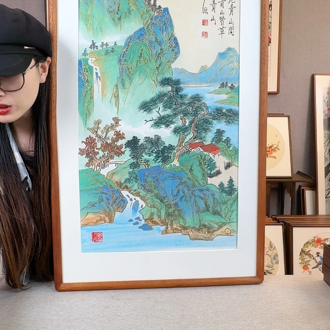 国画纯手绘，纯手写带框尺寸：53×103厘米