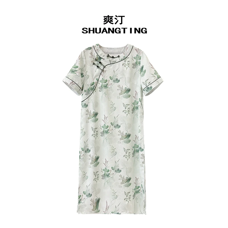 Jokara/丘可儿【荷园韵】新中式改良旗袍长裙斜襟盘扣国风连衣裙夏