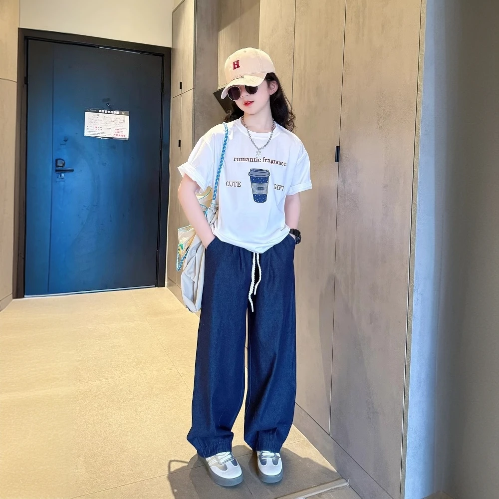 女童夏套装2025新款薄款初中生女孩短袖T恤洋气大儿童夏季两件套