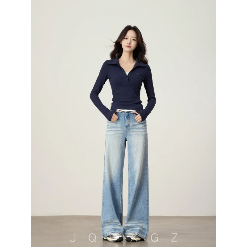 崛起的小个子浅蓝色设计感牛仔裤女春秋宽松垂感高腰直筒阔腿裤子