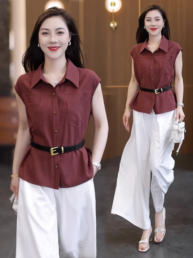 时尚套装女2025夏季新款时髦洋气无袖收腰衬衫阔腿裤气质两件套潮