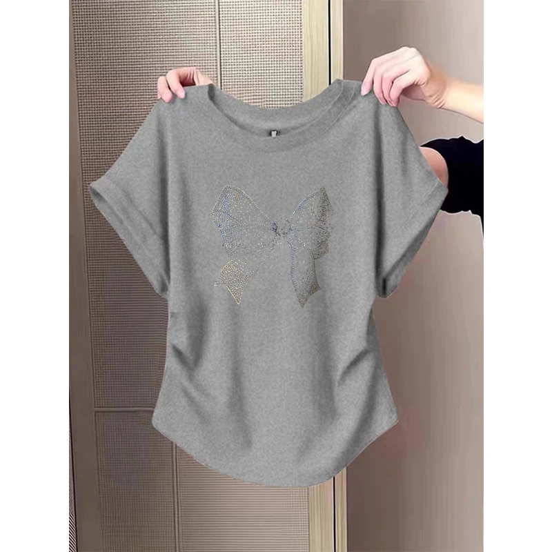 小飞袖褶皱正肩短袖t恤女夏季2025新款设计感收腰显瘦圆领上衣潮