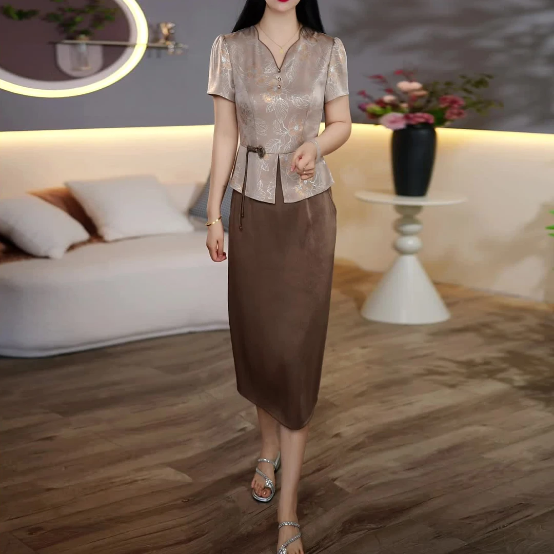 假两件缎面连衣裙夏季新款气质阔太太时尚修身显瘦遮肚中长款裙子