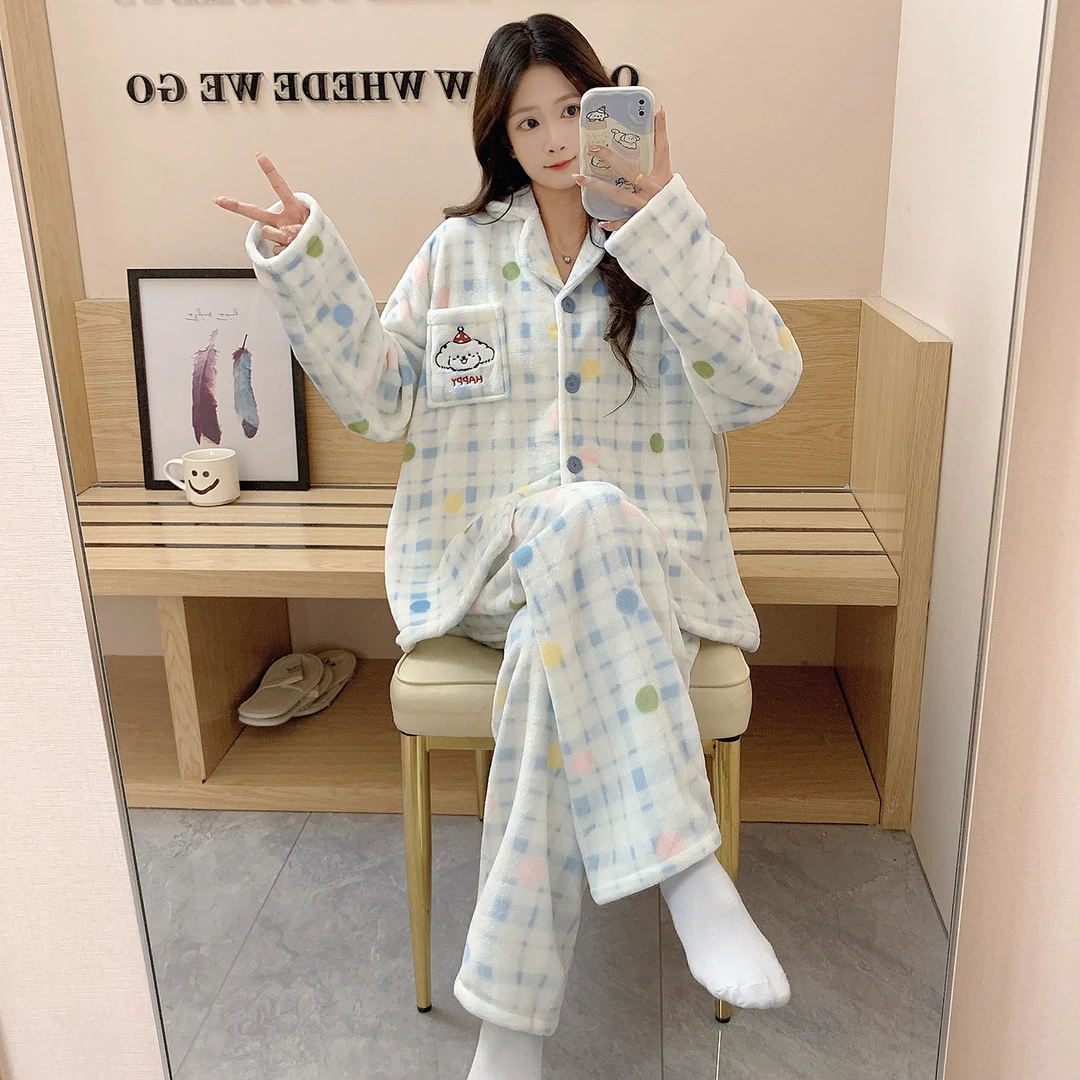 法兰绒秋冬季睡衣女长袖长裤波点卡通小狗冬季加厚保暖家居服套装