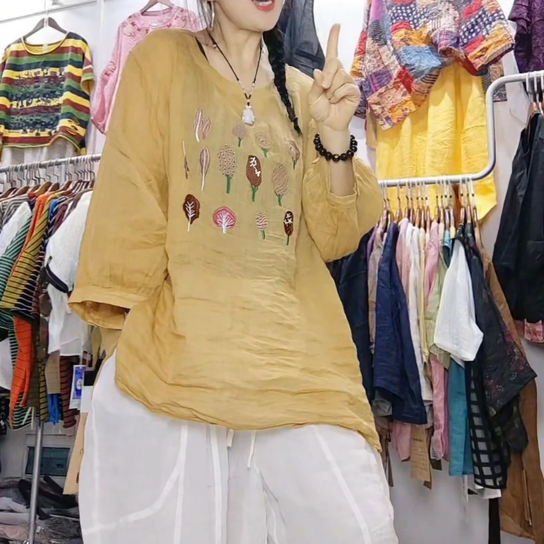 夏季宽松休闲时尚百搭小众刺绣苎麻上衣