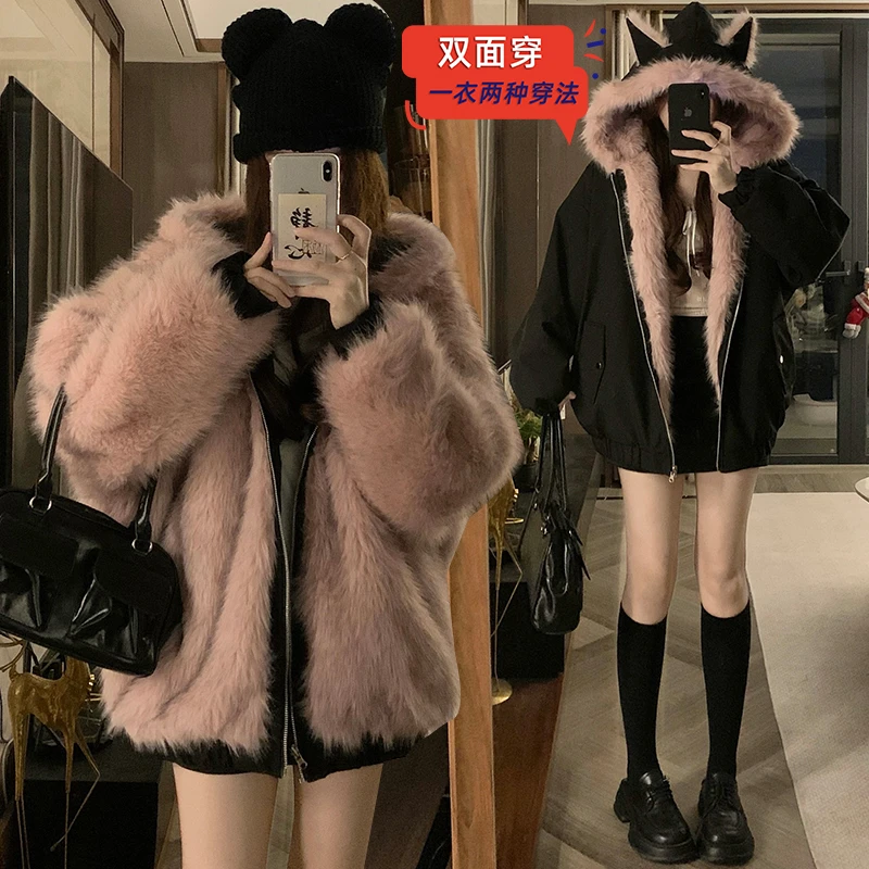 皮草耳朵款连帽双面穿棉服加厚外套女冬季环保座山雕毛毛领棉袄