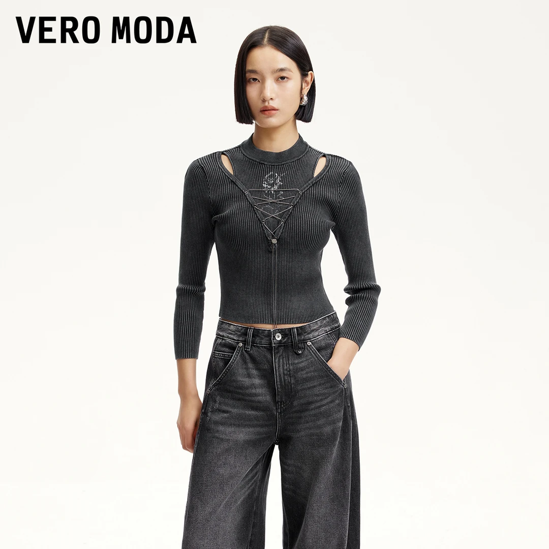 Vero Moda针织衫2025春季新款镂空绑带假两件洋气炸街女装松弛感
