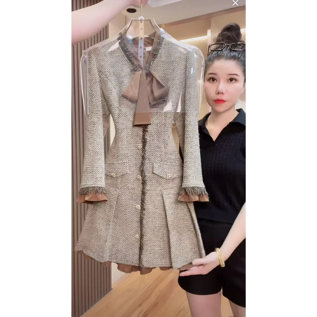 【门店飞】1845囯内设计师品牌女装气质收腰长袖连衣裙