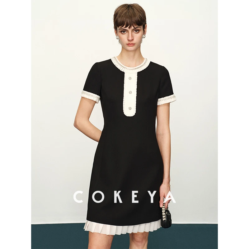 COKEYA/“玛格丽特”小黑裙~三醋酸圆领收腰短袖连衣裙女早春