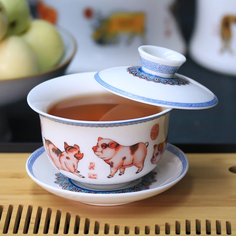 汇儒堂诸事如意三才盖碗悬停德化白瓷盖碗泡茶旋转功夫茶盖碗