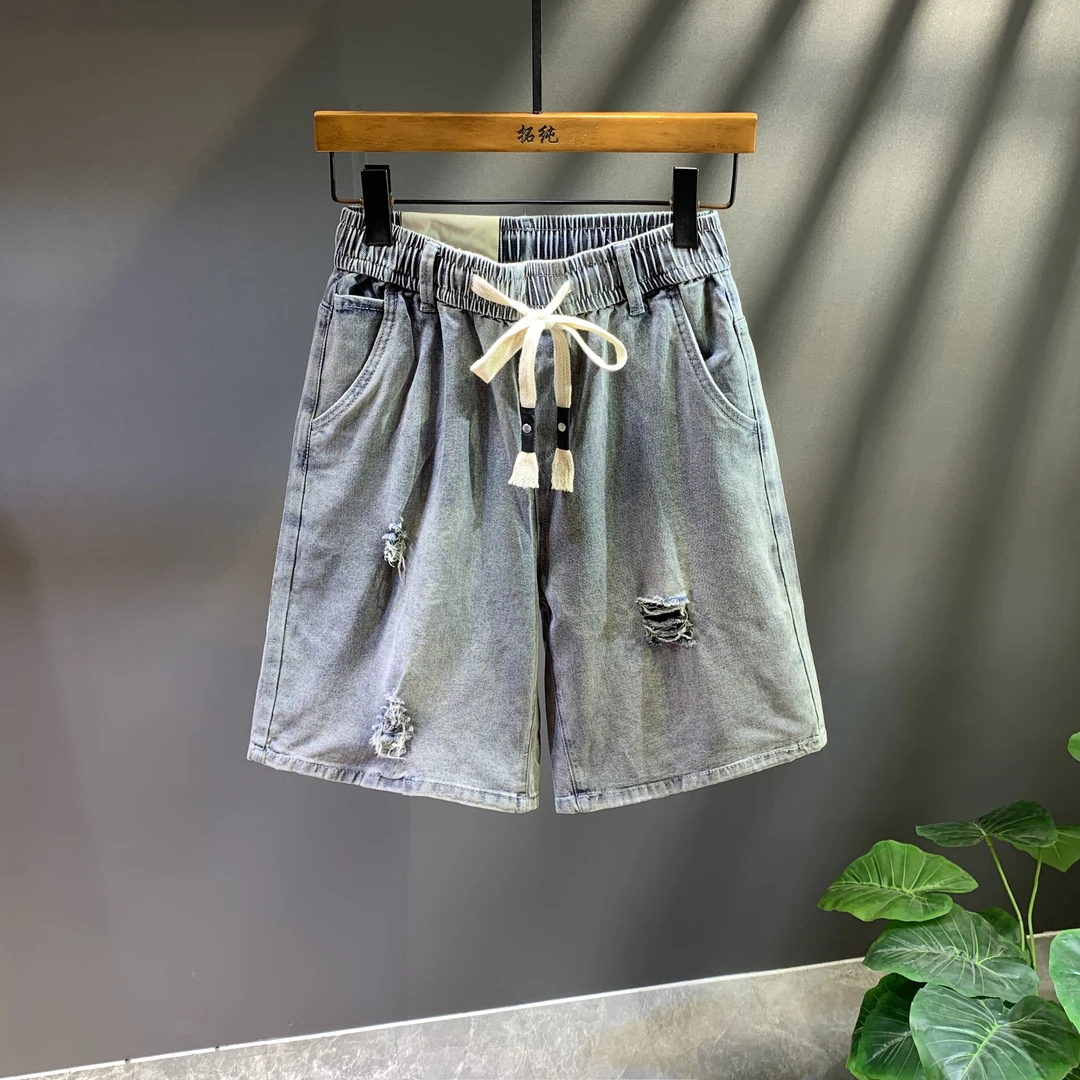 牛仔短裤男夏薄款2025新款五分松紧腰抽绳时尚潮流破洞百搭中裤子