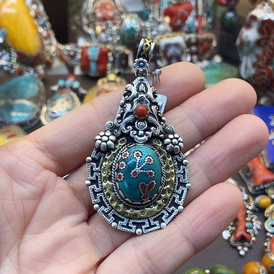 绿松石银S925镶嵌颈饰坤尼泊尔手工制作