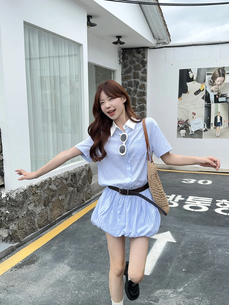 设计感条纹polo领短袖连衣裙夏季小众别致显瘦收腰衬衫裙花苞裙