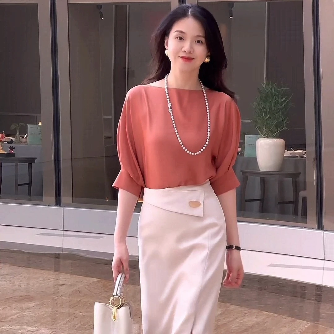 【深圳南油】一字肩泡泡袖百搭时尚气质夏季桑蚕丝衬衫宽松上衣洋气