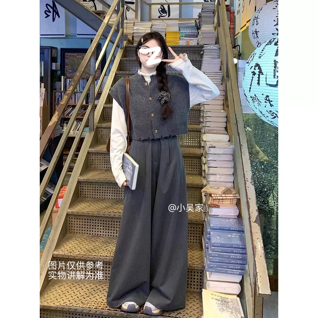 「小吴家」韩系早秋穿搭针织马甲➕高领打底➕阔腿裤/半身裙三件套